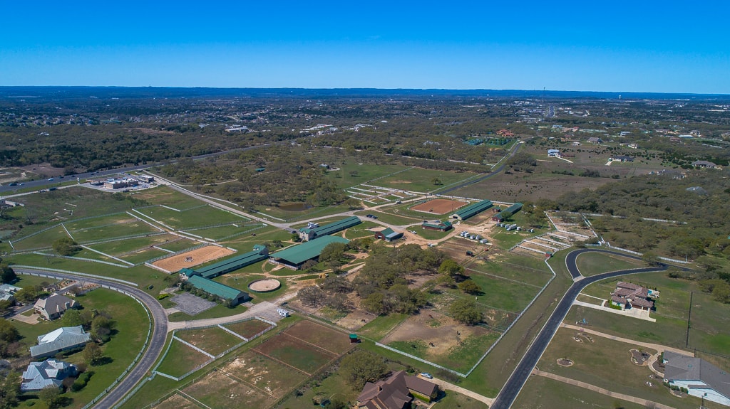 Aerial view of the Austin equestrian campus and riding arenas