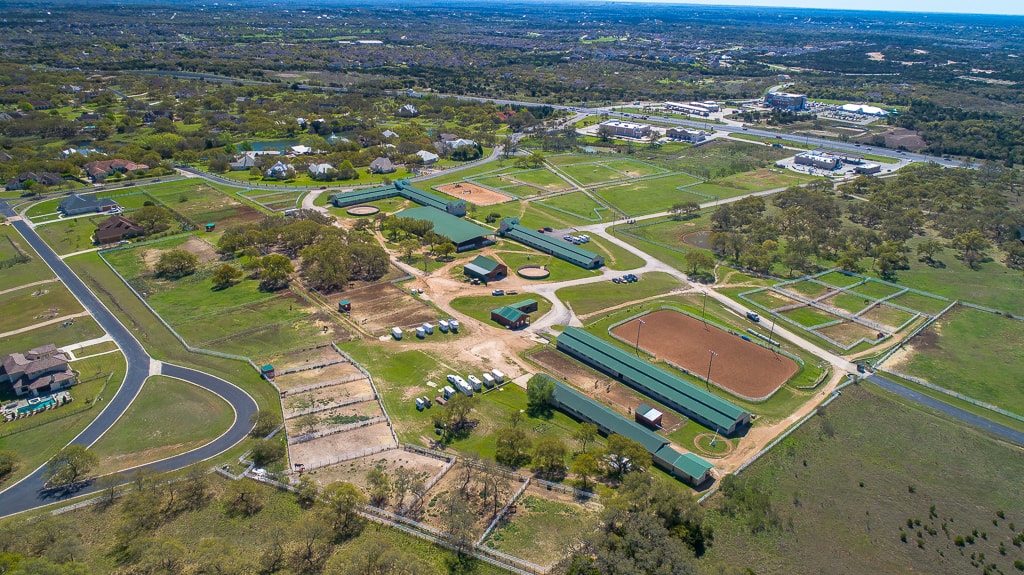 Aerial view of the equestrian campus and the surrounding Austin area